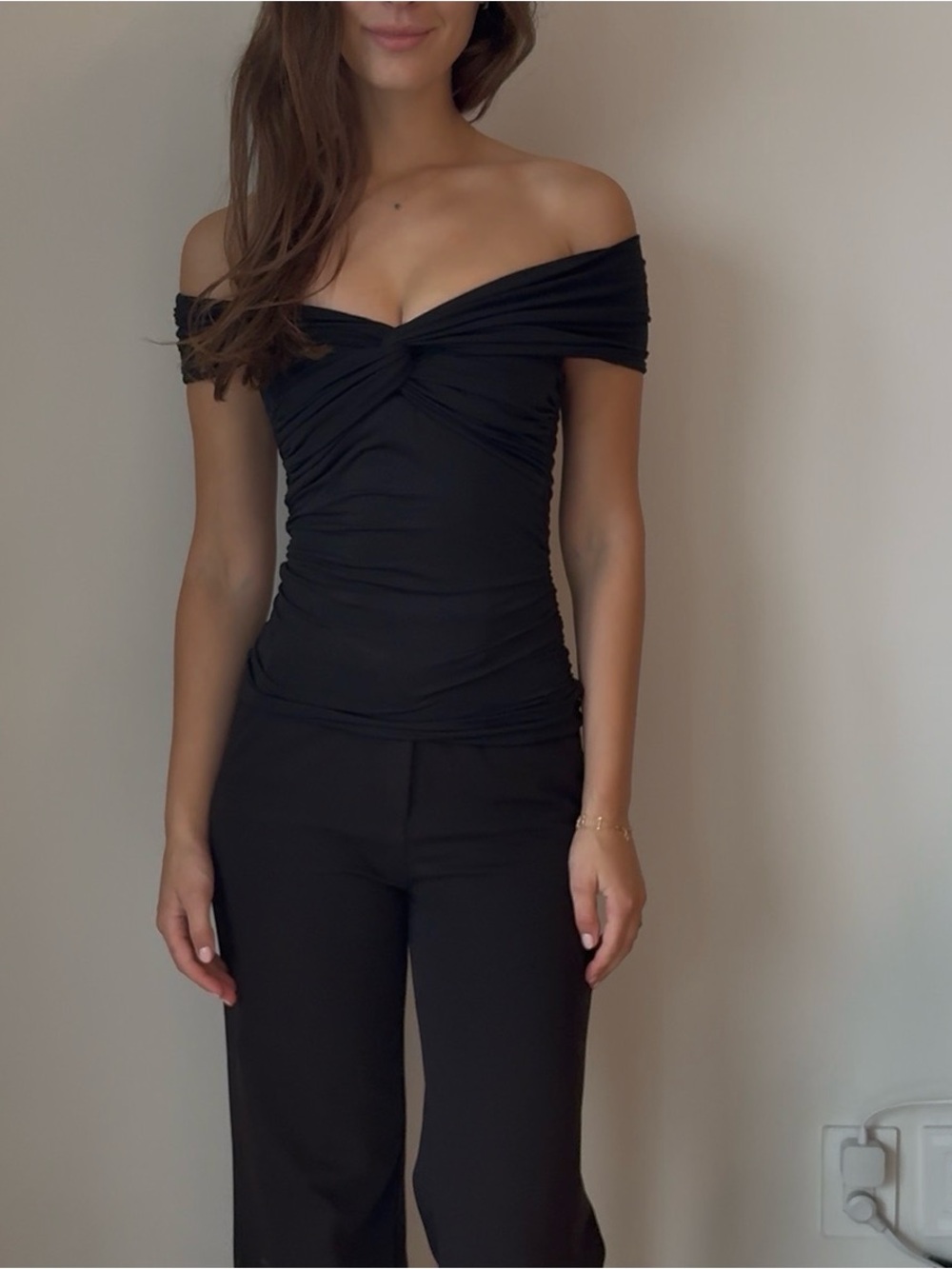 Off-Shoulder Black Ruched Slim Fit Top